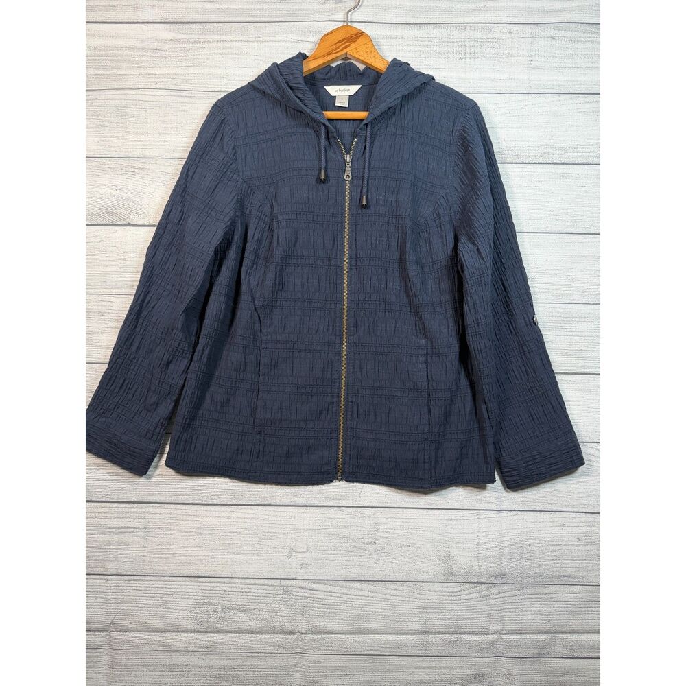 CJ Banks Women’s Large Navy Blue Textured Hooded Full Zip Jacket 4320